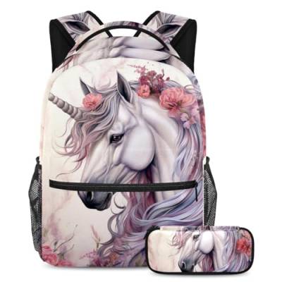 Wunderschöner Einhorn-Rucksack mit Federmäppchen, das perfekte Set für Jungen, Mädchen und Teenager, Mehrfarbig Nr. 01, B：29.4x20x40cm P：19x7.5x3.8cm, Tagesrucksäcke von Generic