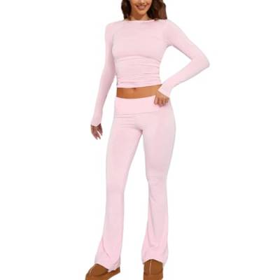 2-teiliges Lounge-set Für Damen, Zweiteiler Damen Lounge Sets Y2K Skims Dupes Set Langarm Crop Top Damen Jog-ger Anzug Langarm Crop Top Und Umklappbare Damen Yoga Schlaghose Lounge Sweatsuits Set von Generisch