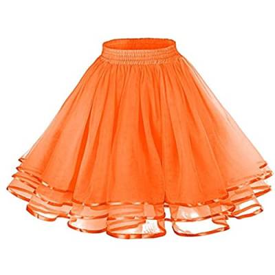 2024 Tüllrock Damen Tütü Petticoat Unterrock Minirock Tanzkleid für Karneval Kostüm Rockabily Klied Carnival Damen Karneval Kostüm Cosplay Kostüm Tüllrock Tutu Tüllrock Bunt Rock (Orange-2, One Size) von Generisch