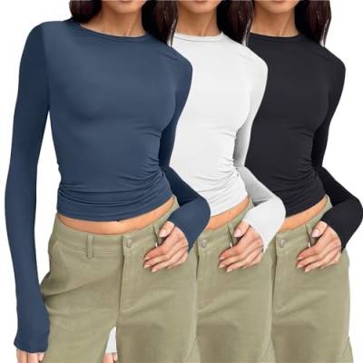 3er Pack Basic Langarmshirt Damen Eng Slim Fit Y2k Tshirt Crop Top Sexy Enge Bauchfreies Oberteile Lässig Rundhals Gym Sport Oberteil Top Teenager Mädchen Streetwear Long Sleeve Shirt von Generisch