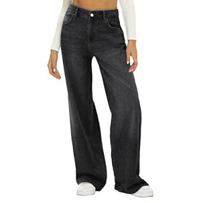 Baggy Jeans Damen Hosen Vintage Knöpfe Hosen für Damen modisch lässig gerades Bein weites Bein Jeans lockere Hosen Jeanshosen Mit Taschen (Black, XL) von Generisch