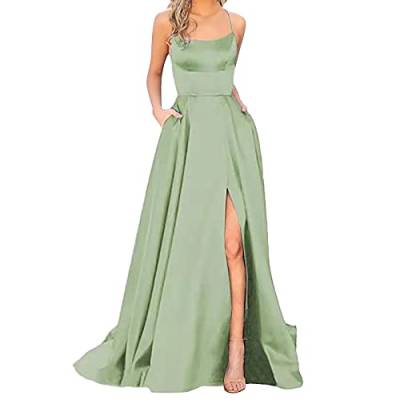 Damen Elegant Lange Ballkleider mit Taschen Satin A-Linie Backless Hochzeitskleid Abendkleider Sexy Neckholder Spaghetti Brautkleid Kleider Lang Prinzessin Brautjungfer Kleid Damen Grün S von Generisch