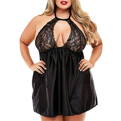 Damen Mesh Satin Dessous Nachtwäsche In Übergröße V-Ausschnitt Spitze Neckholder Nachtwäsche Rückenfreies Babydoll-Chemise-Kleid Aushöhlen (Schwarz,5XL) von Generisch