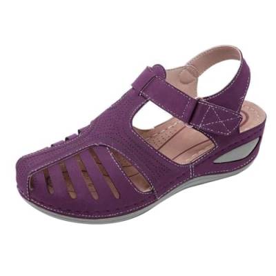 Damen-Sandalen, Größe 39, dicke Sohle, weiches Leder, geschlossene Zehenpartie, Vintage-Stil, rutschfeste Sandalen, dicke Sohle, hochwertige Schuhe, hohle Sandalen, Sohlenmaterial, violett, 39 EU von Generisch