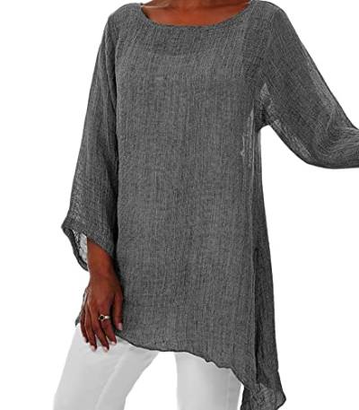 Frauen Hemd Sommer Baumwolle Leinen T-Shirt Tops Trendy Solid Loose Fit Bluse Langarm Vintage Rundhalsausschnitt Plus Size Kleidung (XL,Grau) von Generisch