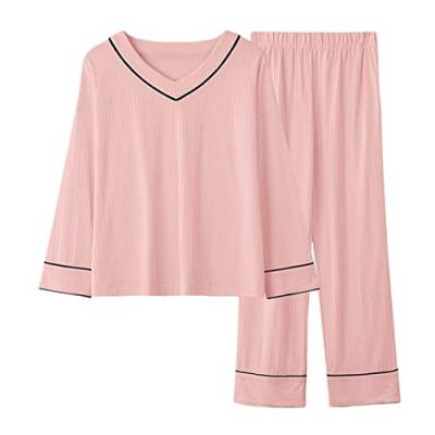 Generisch Damen Baumwollpyjamas Langarm Nachtwäsche Set V-Ausschnitt Weiche Pj Loungewear Hosen Set Lose Loungewear Extra Large Size (Pink,XXL,XXL) von Generisch