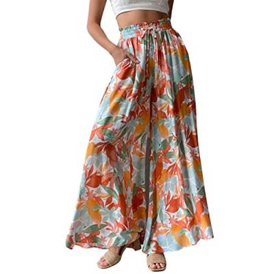 Generisch Sommerhose Damen Leicht Und Luftig Schlaghose Mit Blume Boho Druck Palazzo Hose Hohe Taille Hosenrock Strandhose Sommerhose Lang Weite Hose Orange XL von Generisch