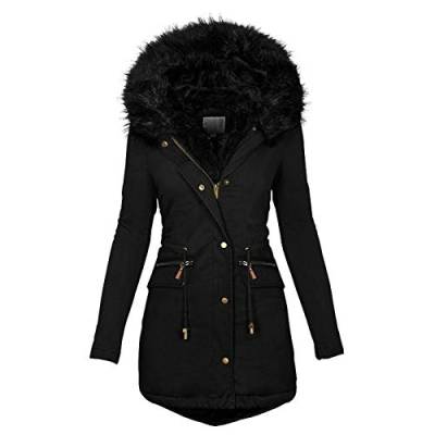 Generisch Winterparka Damen Lang Wintermantel Warm Winter Jacke Dicker Parka mit Fell Kapuze Daunenmantel Mantel Wolle Kapuzenjacke Coat, Schwarz von Generisch