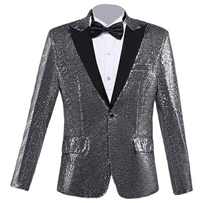 Glänzender Pailletten Anzugsblazer für Herren Ein Knopf Pailletten Festival Party Smoking Schmal Geschnittener, Stilvoller Bankett Abschlussball Hochzeits Sportmantel (Silber,L) von Generisch