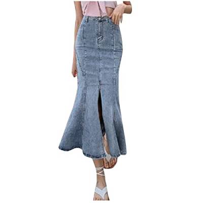 High Waist Fischschwanz Jeansrock Für Damen Abnehmen Sommer Rock Slim Fit Vielseitiger Schmaler Damenrock Elegante Elastisch Jeans Röck Lang Stretch Hohe Taille Freizeitrock Langes (Light Blue, M) von Generisch