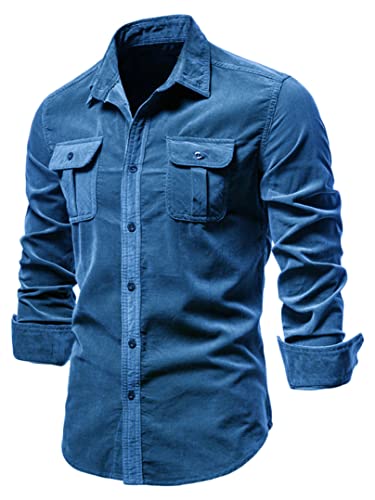 `JIER Männer Einfarbig Revers Cordhemd Herren Shirt Herren Hemden Slim Fit Langarmshirt Herrenhemden Hemdjacke Freizeithemd Shirt (Blau,M,M) von Generisch