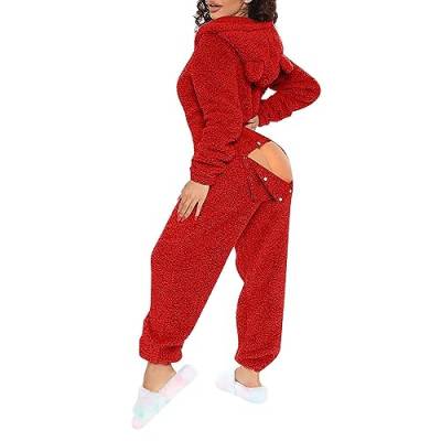 Jumpsuit Damen Teddy Fleece Einteiler Overall Anzug Flauschig Schlafanzug Winter Warm Onesie Plüsch Kuschelig Overall Hausanzug Lang Schlafoverall Weich Pyjama Schlafanzug mit Kapuze Reißverschluss von Generisch