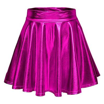 Metallic Rock Damen Metallischer Faltenrock Mini Rock Glitzer Rock Karneval Kostüm Silber Gold Glitzer Kostüm PU Space Girl Kostüm 90er Jahre Outfit für Ballett Tanz Carnival Kostüm (Hot Pink-A, L) von Generisch