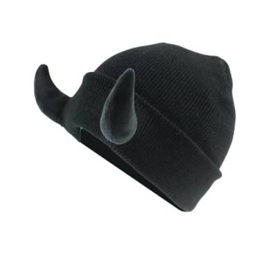 Russen Mütze Teufel Hörner Männer Hut Gestrickte Beanie Mit Hörnern Frauen Hip Hop Daemon Hörner Kappe Für Winter Warme Ski Outdoor Fellmütze (Black, One Size) von Generisch