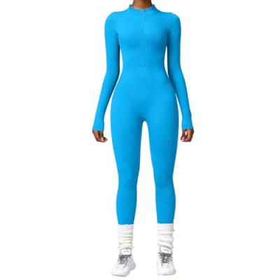 Generisch Sport Jumpsuit Damen Yoga Overall Langarm Mit Reißverschluss Rundhalsausschnitt Langarm Eng Slim Fit Workout Ganzkörperanzug Geeignet Für Alle Jahreszeiten Blau S von Generisch