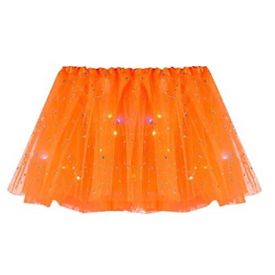 Tüllrock Damen Tütü Petticoat Unterrock Minirock mit Sternen Pailletten LED_Licht Ballett Tutu-Rock Partykleid Tanzkleid Karneval Kostüm Carnival Damen Karneval Kostüm Cosplay (Orange, One Size) von Generisch