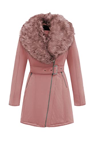 Geschallino Damen Lange Jacke aus Wildlederimitat Warmer Fleece Gefütterter Parka mit Abnehmbarem Pelzkragen FF206 Rosa XL von Geschallino
