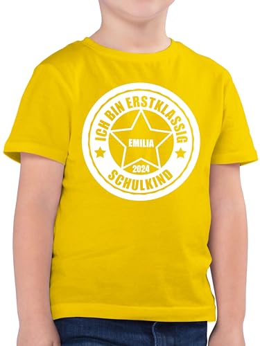 Kinder T-Shirt Jungen - Einschulung Schulanfang Junge - Ich Bin erstklassig 2024-128 (7/8 Jahre) - Gelb - Tshirt Schulkind Schulkind zur Geschenke Shirt personalisierte Name erste klasse Schule von Geschenk mit Namen personalisiert by Shirtracer