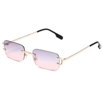 Ggpyyon Randlose rechteckige Sonnenbrille für Damen und Herren, Retro-Sonnenbrille, rahmenlose Brille, Gold/Farbverlauf Grau Rosa von Ggpyyon