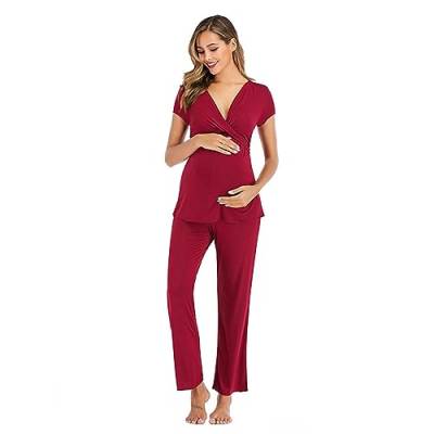 Umstands Pyjama Set für Damen Still Pyjama Set Schwangerschafts Set Stillpyjama Zweiteiliger Stillen Schlafanzug Nachtwäsche Stillshirt Kurzarm Umstandshose Lang Umstandsmode Hausanzug (Wine, S) von Glücksvogel