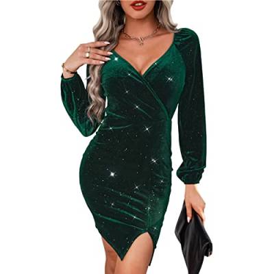 Greensen Damen Kleid Wrap Elegant V-Ausschnitt Kleid Langarm Samtkleid Split Saum Glitzer Mode Kleid Knielang Einfarbiges Kleid für Cocktail Party Club(XL-Dunkelgrün) von Greensen