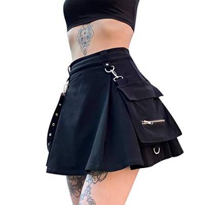 Damen Gothic Plissee Miniröcke Hohe Taille Kurze A-Linie Flare Rock Kleid mit Taschen für Punk Gothic Girls (Schwarz, L) von GuliriFe