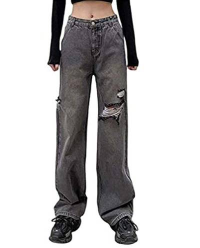 Damen Y2k Mode Loose Straight Jeans Jeanshose Hohe Taille Bootcut Jeans mit weitem Bein Baggy Pants (Schwarz, S) von GuliriFe