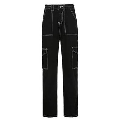 GuliriFe Damen Baggy Jeans mit Patchwork-Print Hohe Taille Jeanshose mit Teilen Bein Glockenboden Y2K Schwarze gerade Schlauch mit großen Taschen (Schwarz, S) von GuliriFe