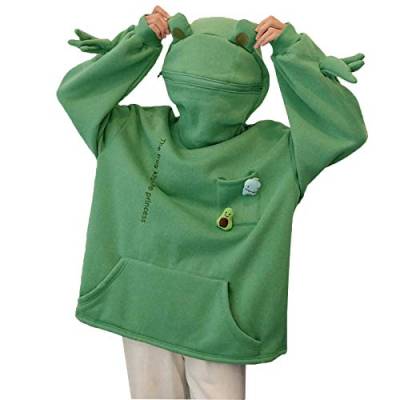 GuliriFe Damen Cute Frog Hoodie Lose Pullover Kapuzenpullover mit Reißverschluss und große Fronttasche (Grün3, M) von GuliriFe