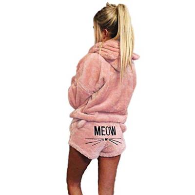 GUOCU Damen Winter Warmer Pyjamas Set Mädchen Zweiteiliger Nette Katzen Meow Pyjamas Kapuzenpullover Hoodie und Shorts Samt Langarm Nachtwäsche mit Kapuze Hosenanzug Schlafanzug+Kurze Hosen N S von GUOCU