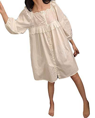 Damen Frühling Herbst Pyjama im Prinzessinnenstil verzierte Spitze & Bowknot Lange Ärmel Mid-Länge Weißes Schlafkleid Nachthemd Nachtwäsche mit quadratischem Ausschnitt Kleid S von GUOCU