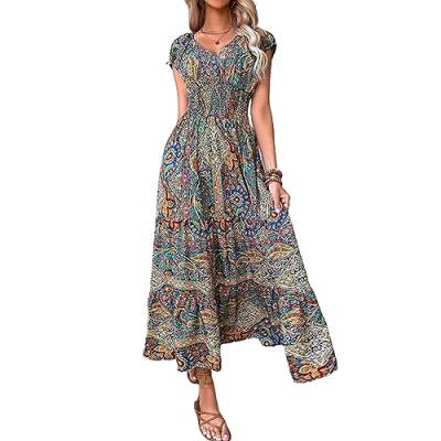 Gyios Kleid Frauen Vintage Print Langes Kleid Sommer Elegant Gegen Neck Elastic Taille Maxi Kleider Urlaub Sexy Kurzarm A-line-Robe-grün,XXL von Gyios