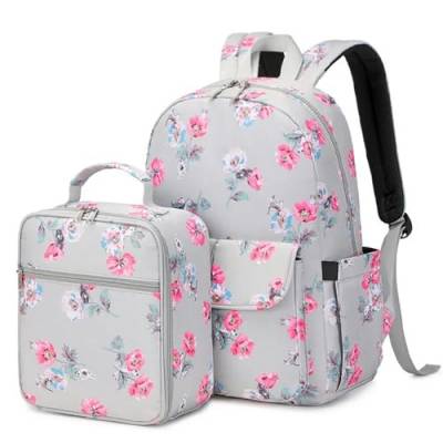 Gyios Rucksack 2pcs Set Schultaschen Für Kinder Girls Blumenmädchen Buchbeilung Thermaltasche Blumenschule Rucksack Für Mädchen-grau von Gyios