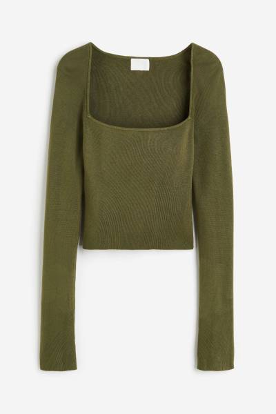 H&M Crop-Shirt mit eckigem Ausschnitt Dunkles Khakigrün, Tops in Größe L. Farbe: Dark khaki green von H&M