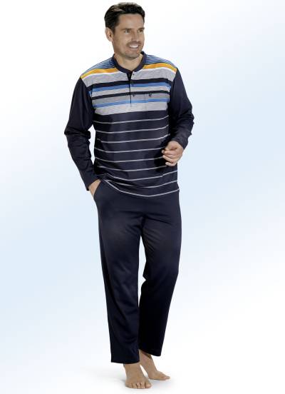 Hajo Klima Komfort Schlafanzug mit Knopfleiste und garngefärbtem Ringeldessin, Marine-Bunt, Größe 50 von HAJO NACHTMODE