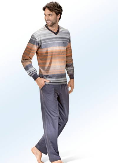 Hajo Klima Komfort Schlafanzug mit V-Ausschnitt, Brusttasche und garngefärbtem Ringeldessin, Grafit-Bunt, Größe 50 von HAJO NACHTMODE