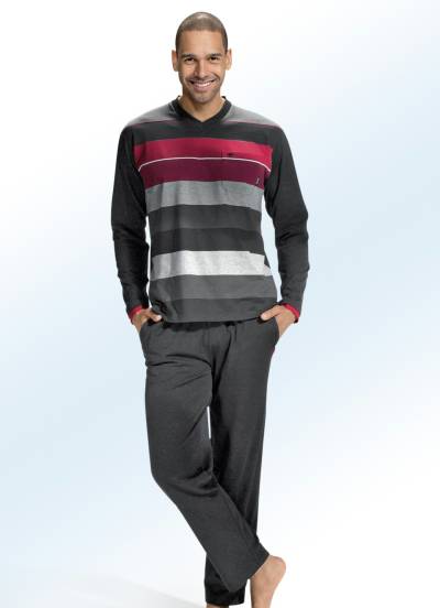 Hajo Klima Komfort Schlafanzug mit V-Ausschnitt und garngefärbtem Ringel, Schwarz-Bunt, Größe 54 von HAJO NACHTMODE
