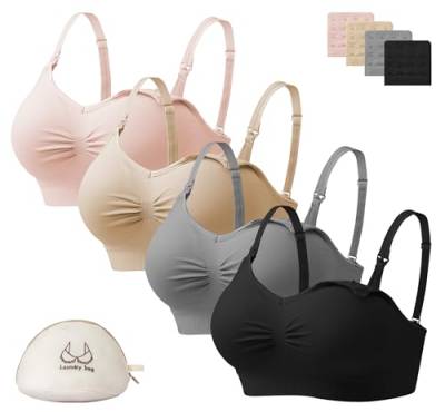 HBselect 4 Pcs Schwangerschafts Still BH Nahtloser Still-BH mit zusätzlichen BH-Verlängerungen Stillen und Schlaf Ohne Bügel für Damen Schwarz Grau Beige Rosa S von HBselect