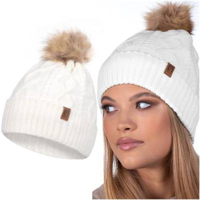 HEYO Damen Mütze Weiche Wintermütze mit Kunstfellbommel Leichte Bommelmütze Beanie Strickmütze gefüttert Mädels (Ecru) von HEYO