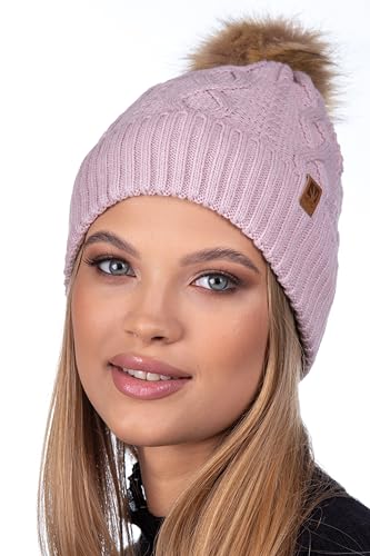 HEYO Damen Mütze Weiche Wintermütze mit Kunstfellbommel Leichte Bommelmütze Beanie Strickmütze gefüttert Mädels (Rosa) von HEYO