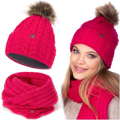 HEYO Damen Set Mütze Weiche Wintermütze mit Kunststoffbommel Leicht Winterschal Schal Halswärmer Bommelmütze Beanie Strickmütze gefüttert Winterset Damenschal (Rot) von HEYO