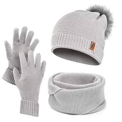 HEYO Damen Wintermütze Schlauchschal Handschuhe Set Winter Gestrickte Warme Mütze mit Schal und Winterhandschuhen | HZ0003 (Grau) von HEYO