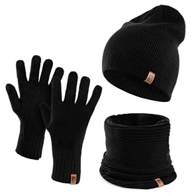 HEYO Herren Wintermütze Schlauchschal Handschuhe 3 teiliges Set | Warme Winter Mütze Schal Winterhandschuhe Schwarz HZ0006 (Schwarz) von HEYO