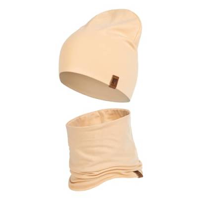 HEYO Kinder Set Beanie Mütze Schlauchschal Baumwolle Rundschal weich Mädchen Jungen Herbst Frühling Frühlinsset Herbstset (Beige) von HEYO