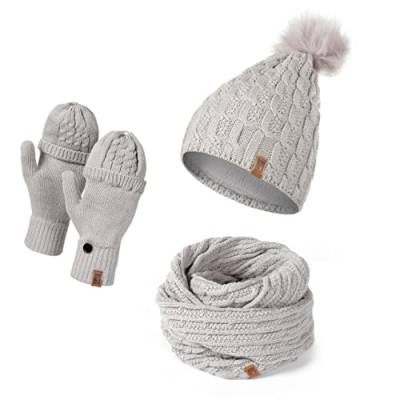 HEYO Mütze Schal Handschuh Set für Damen | Gefütterte Wintermütze mit Kunstfellbommel | Großer Loop Schal | Gestrickte Finger/Fingerlose- Winterhandschuhe für Touchscreen (Grau) von HEYO