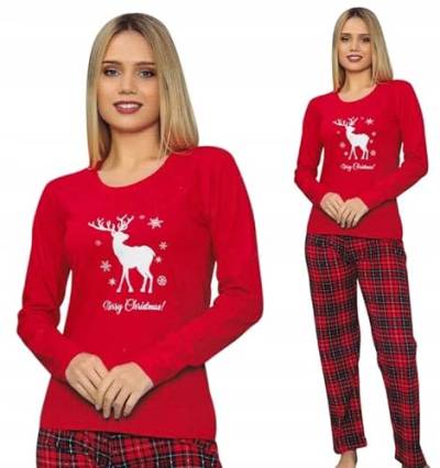 HEYO Schlafanzug Damen Lang Pyjama 100% Baumwolle Zweiteiliges Set Langarm Shirt Lange Karierte Pyjamahose Weihnachtspyjama (as3, Alpha, xx_l, Regular, Regular, Standard, Rot, XXL) von HEYO