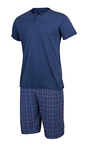 HEYO Schlafanzug Herren Kurz Pyjama aus Baumwolle Zweiteiliges Set Shorts T-Shirt (Dunkelblau Karriert, L) von HEYO
