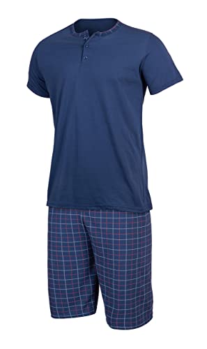 HEYO Schlafanzug Herren Kurz Pyjama aus Baumwolle Zweiteiliges Set Shorts T-Shirt (Dunkelblau Karriert, XL) von HEYO