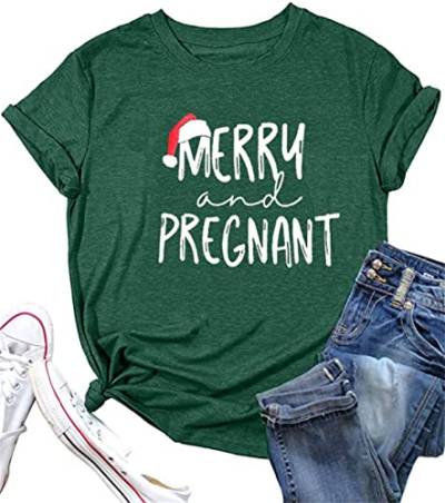 Weihnachten Schwangerschaft Shirt Merry and Pregnant Funny Cute Maternity Tees Xmas Graphc Schwangerschaft Ankündigung Kurzarm Tops, Green-01, Mittel von HEYO