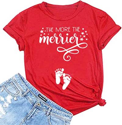 Weihnachten Schwangerschaft Shirt Merry and Pregnant Funny Cute Maternity Tees Xmas Graphc Schwangerschaft Ankündigung Kurzarm Tops, Red-01, X-Groß von HEYO